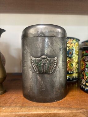 Antique 1920s Egyptian Revival Art Deco Scarab Metal Tobacco Humidor Canister